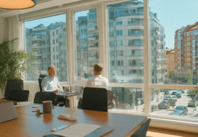 Midcent: Stadsutsikt och arbetsmöte i modern kontorsmiljö med naturligt ljus och grönska. Perfekt för produktiva diskussioner med en medelålders man i fokus. Inspirerande urbana vyer utanför fönstret.Kategori: Ekonomi.