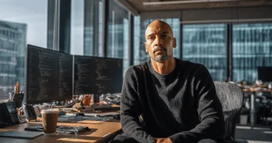 Midcent: En medelålders man sitter framför datorskärmar med kod och en kaffe på ett kontor. Solen lyser genom fönstren och skapar en modern arbetsmiljö. Teknik.