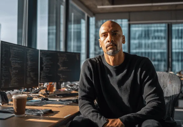 Midcent: En medelålders man sitter framför datorskärmar med kod och en kaffe på ett kontor. Solen lyser genom fönstren och skapar en modern arbetsmiljö. Teknik.