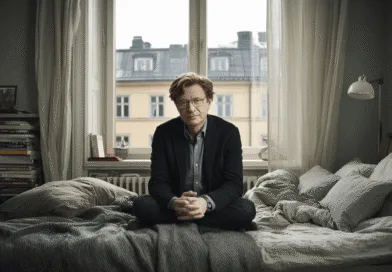 Midcent presenterar en medelålders man sittande i ett stilrent sovrum. Mysig atmosfär med böcker i bakgrunden och naturligt ljus från fönstret. Perfekt för en urban livsstil. Kategori: Samhälle.