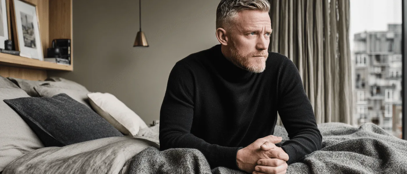 Midcent: En medelålders man sitter eftertänksamt på en säng i ett stilrent inrett sovrum, klädd i svart tröja. Den moderna interiören skapar en avkopplande atmosfär med fokus på design och känsla. Kategori: Samhälle.