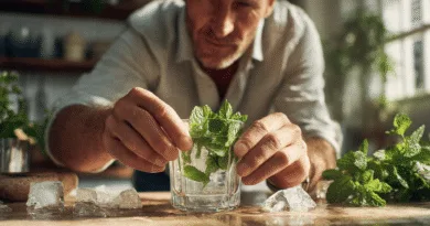 Midcent: En medelålders man förbereder en drink med färska örter och isbitar, vilket skapar en uppfriskande dryckupplevelse. Perfekt för varma sommardagar och kreativ dryckesblandning. Kategori: Mat.