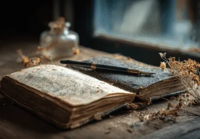 Midcent presenterar en nostalgisk vy av antika böcker och en bläckpenna på ett rustikt skrivbord. Torra blommor kompletterar den historiska atmosfären, vilket skapar en känsla av tidlöshet och försjunkenhet i förflutna tider.Kategori: Kultur.