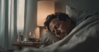 Midcent: En medelålders man sover fridfullt i ett mysigt sovrum. En nattlampa lyser diskret i bakgrunden, vilket skapar en lugn atmosfär. Detta ögonblick fångar avslappningens betydelse för välbefinnandet. Kategori: Hälsa