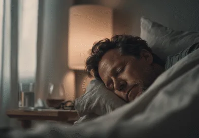 Midcent: En medelålders man sover fridfullt i ett mysigt sovrum. En nattlampa lyser diskret i bakgrunden, vilket skapar en lugn atmosfär. Detta ögonblick fångar avslappningens betydelse för välbefinnandet. Kategori: Hälsa