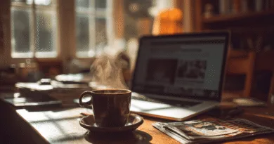 Midcent: En ångande kaffekopp står på ett solbelyst skrivbord, bredvid en bärbar dator och tidningar. Denna scen representerar en avkopplande morgonrutin, idealisk för produktivitet och fokus. Teknik.