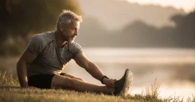 Midcent: En medelålders man tränar utomhus vid en sjö i solnedgången, klädd i sportkläder. Stretching och hälsa betonas i en avkopplande miljö, vilket inspirerar till fysisk aktivitet och välmående. Kategori: Hälsa.