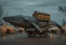 Midcent: En fantastisk festivalmiljö med en gigantisk, detaljerad valinstallation på hjul. Den upplysta valen skapar magi bland tält och lyktor i kvällsbelysning. Underhållning.