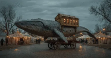 Midcent: En fantastisk festivalmiljö med en gigantisk, detaljerad valinstallation på hjul. Den upplysta valen skapar magi bland tält och lyktor i kvällsbelysning. Underhållning.