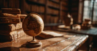 Midcent: En antik jordglob står i fokus på ett gammalt träbord omgivet av dammiga böcker i ett bibliotek. Solen strilar in och skapar en historisk atmosfär. Kategori: Resa.