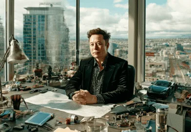 Midcent: En medelålders man sitter vid ett skrivbord fyllt med tekniska prylar. Bakom syns en panoramautsikt över en stad med moderna byggnader och kranar. En arbetsmiljö fylld av kreativitet och innovation. Kategori: Teknik.