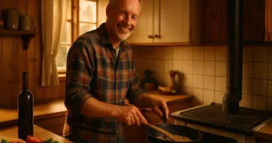 Midcent: En medelålders man lagar mat i ett mysigt kök, med färska grönsaker och vinflaska i bakgrunden. Han ler medan han rör om i en stekpanna. Kategori: Mat.