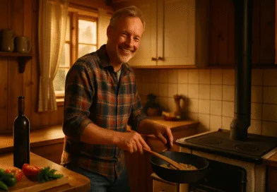 Midcent: En medelålders man lagar mat i ett mysigt kök, med färska grönsaker och vinflaska i bakgrunden. Han ler medan han rör om i en stekpanna. Kategori: Mat.