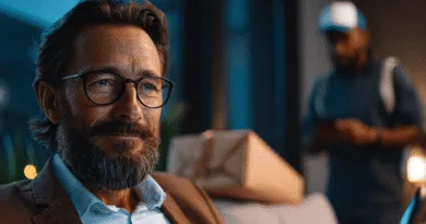 Midcent: En medelålders man med glasögon sitter avslappnat med en gåva bredvid sig, medan en person i bakgrunden använder en smartphone. Mysig atmosfär och modern livsstil. Kategori: Samhälle.