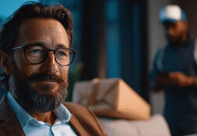 Midcent: En medelålders man med glasögon sitter avslappnat med en gåva bredvid sig, medan en person i bakgrunden använder en smartphone. Mysig atmosfär och modern livsstil. Kategori: Samhälle.