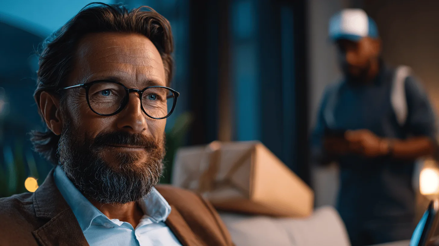 Midcent: En medelålders man med glasögon sitter avslappnat med en gåva bredvid sig, medan en person i bakgrunden använder en smartphone. Mysig atmosfär och modern livsstil. Kategori: Samhälle.