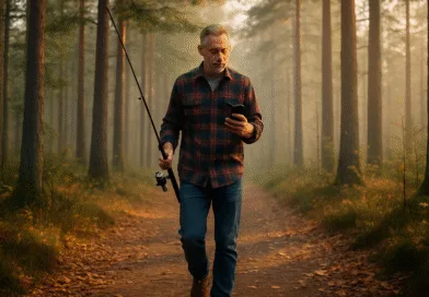 En medelålders man promenerar längs en skogsstig med fiskespö och mobiltelefon i handen, omgiven av träd och höstlöv i solnedgången. Midcent – Natur.