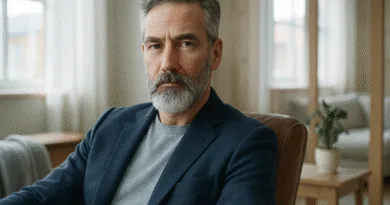 En medelålders man sitter i ett elegant rum med mjuk belysning. Han har grått hår och skägg, och bär en mörk kostym. Atmosfären är lugn och sofistikerad. Midcent - Samhälle.