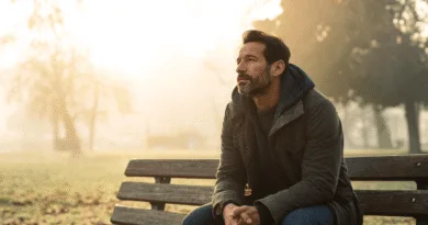 En medelålders man sitter på en parkbänk, insvept i morgondimman med allvarlig blick. Hans avslappnade klädsel och den tysta omgivningen fångar en känsla av ensamhet och reflektion. Midcent Samhälle.