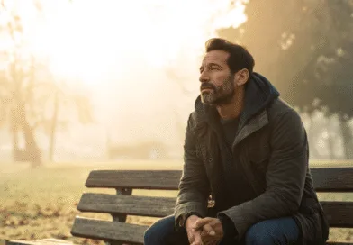 En medelålders man sitter på en parkbänk, insvept i morgondimman med allvarlig blick. Hans avslappnade klädsel och den tysta omgivningen fångar en känsla av ensamhet och reflektion. Midcent Samhälle.