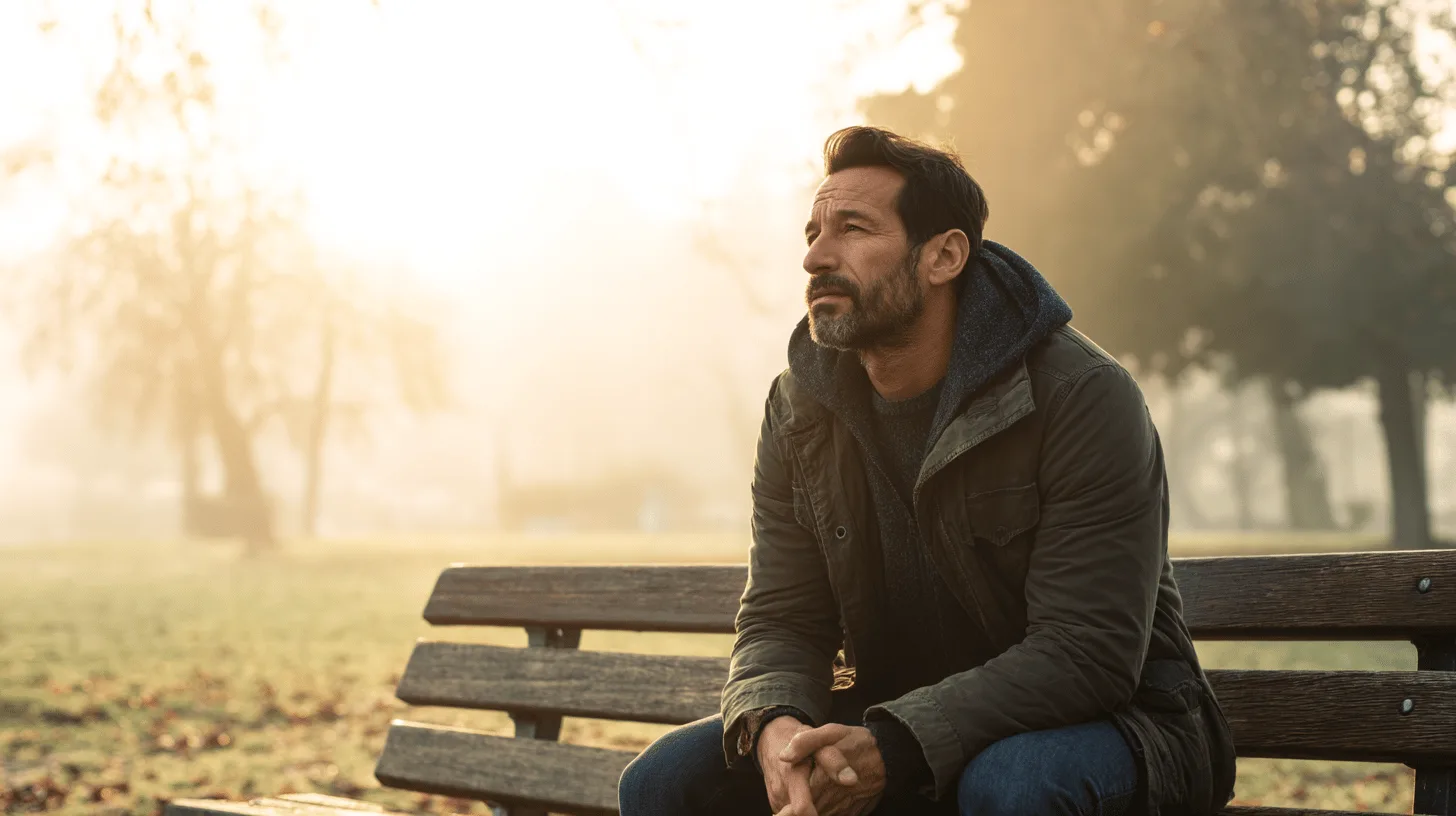 En medelålders man sitter på en parkbänk, insvept i morgondimman med allvarlig blick. Hans avslappnade klädsel och den tysta omgivningen fångar en känsla av ensamhet och reflektion. Midcent Samhälle.