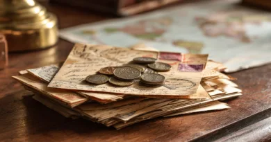 Midcent ekonomi: En hög av gamla brev och mynt på ett skrivbord ger en historisk känsla. Kartan i bakgrunden föreslår resor