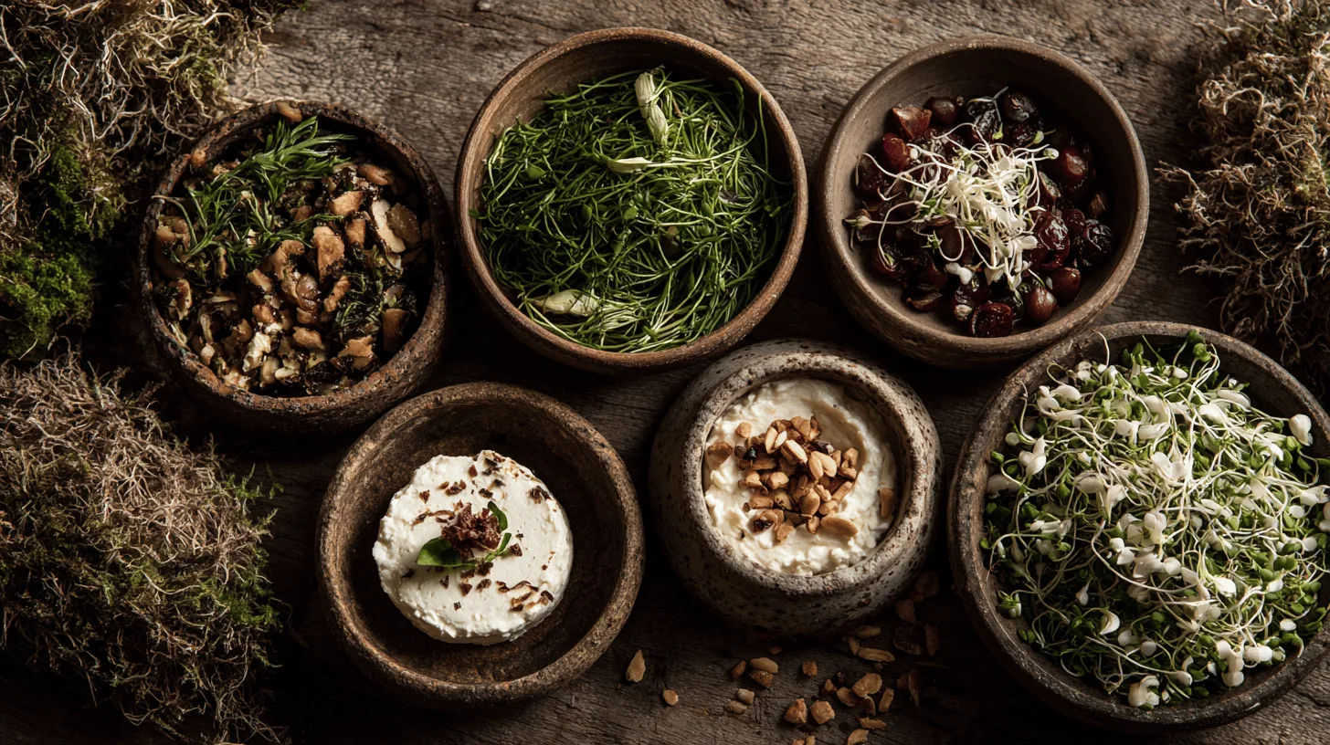 Fräscha ingredienser i rustika skålar, perfekt för gourmetmatlagning. Upptäck naturliga smaker och texturer för kreativa kulinariska upplevelser. Midcent - Mat.