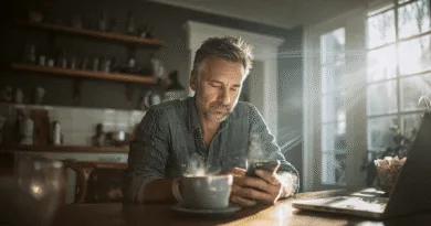 En medelålders man sitter vid ett bord med mobil och kaffekopp, omgiven av mjukt solljus och en bärbar dator, vilket skapar en harmonisk och stillsam atmosfär. Midcent. Teknik.