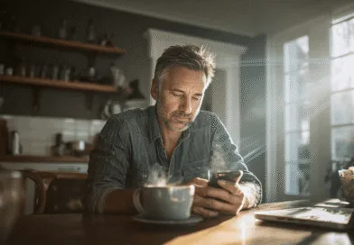 En medelålders man sitter vid ett bord med mobil och kaffekopp, omgiven av mjukt solljus och en bärbar dator, vilket skapar en harmonisk och stillsam atmosfär. Midcent. Teknik.