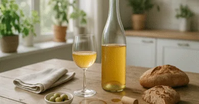 Midcent erbjuder en harmonisk scen av ett matbord med rustika bröd, gyllene dryck och gröna oliver. Perfekt för en gastronomisk upplevelse i en ljus och fridfull köksmiljö. Kategori: Mat.