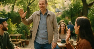 Midcent: En medelålders man hälsar på vänner på ett café utomhus, omgiven av grönska och avslappnade människor. En perfekt illustration av sociala sammankomster i en trivsam miljö. Samhälle.