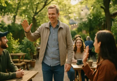 Midcent: En medelålders man hälsar på vänner på ett café utomhus, omgiven av grönska och avslappnade människor. En perfekt illustration av sociala sammankomster i en trivsam miljö. Samhälle.
