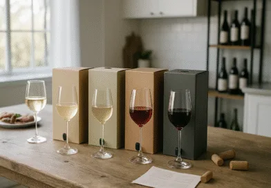 Midcent: Fyra elegant designade vinkartonger står i rad på ett träbord, omgivna av stiliga vinglas fyllda med rött och vitt vin. Perfekt för vinentusiaster och exklusive smakupplevelser. Mat.