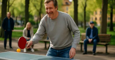 En medelålders man spelar bordtennis i en park, omgiven av gröna träd och sittande åskådare, vilket skapar en avslappnad atmosfär för fysisk aktivitet. Midcent, Sport.