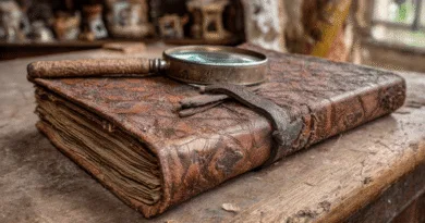 Midcent: En detaljerad bild av en antik, läderbunden bok med ett förstoringsglas ovanpå, placerat på ett slitna träbord i en rustik miljö. Perfekt för antikvitetsentusiaster och historieälskare. Kategori: Kultur.