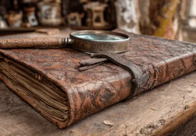 Midcent: En detaljerad bild av en antik, läderbunden bok med ett förstoringsglas ovanpå, placerat på ett slitna träbord i en rustik miljö. Perfekt för antikvitetsentusiaster och historieälskare. Kategori: Kultur.