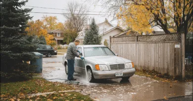 En medelålders man tvättar en bil på en uppfart kantad av höstlöv och färgglada träd. Scenen utstrålar en känsla av huslig omsorg och höststämning.Midcent: Samhälle.
