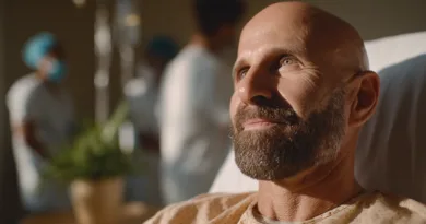 Midcent: En medelålders man sitter i en sjukhusmiljö med vårdpersonal i bakgrunden. Hans ansikte uttrycker lugn och hopp.