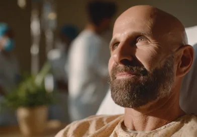 Midcent: En medelålders man sitter i en sjukhusmiljö med vårdpersonal i bakgrunden. Hans ansikte uttrycker lugn och hopp.