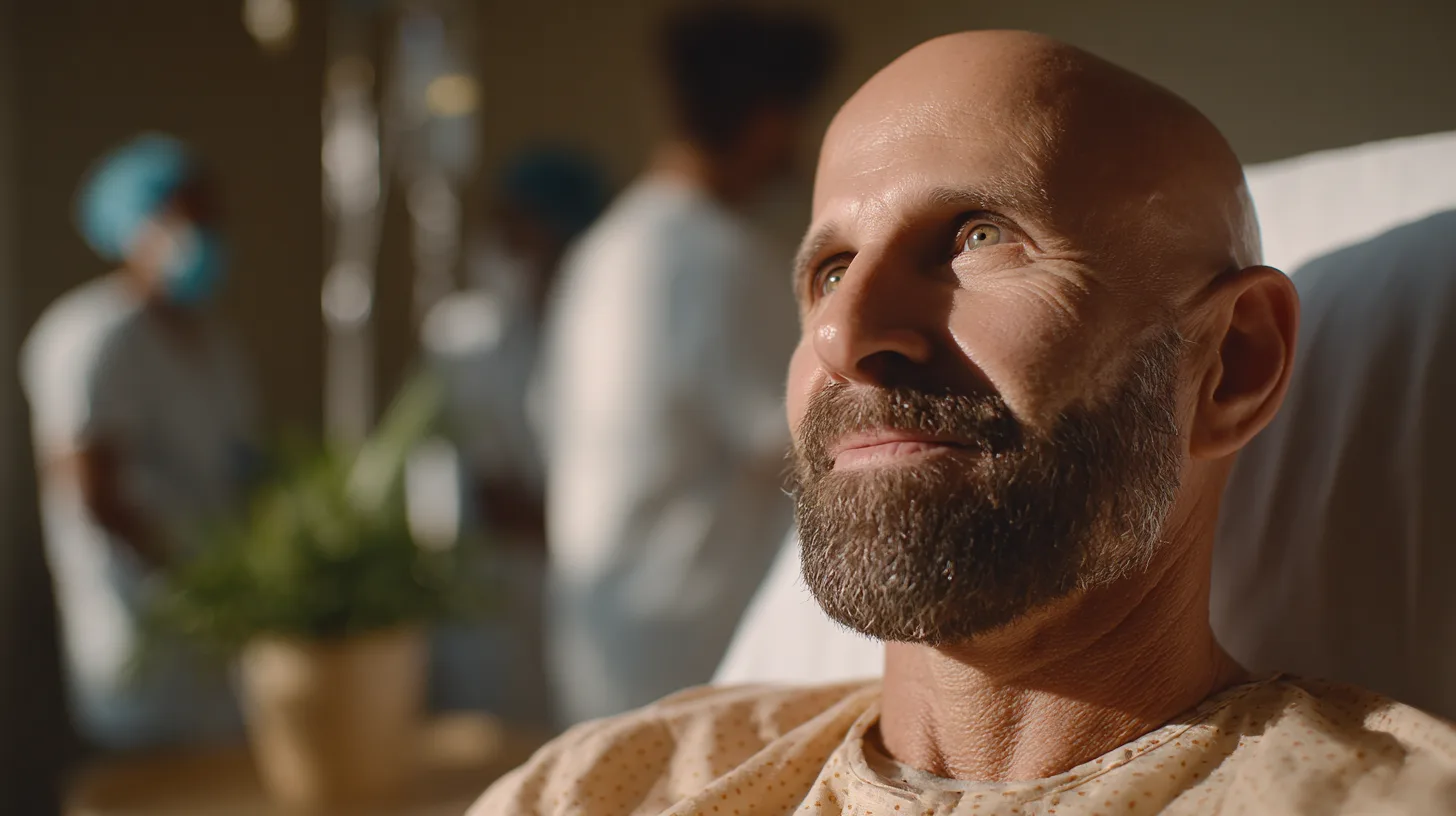 Midcent: En medelålders man sitter i en sjukhusmiljö med vårdpersonal i bakgrunden. Hans ansikte uttrycker lugn och hopp.