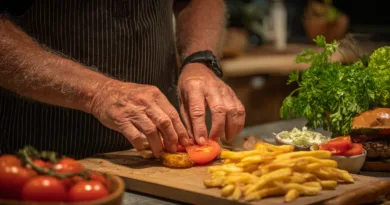 Midcent: En medelålders man förbereder en gourmetburgare med omsorg, med färska tomatskivor och knapriga pommes frites, omgivet av grönska. Perfekt för matälskare som uppskattar kvalitet och kreativitet i köket. Kategori: Mat.