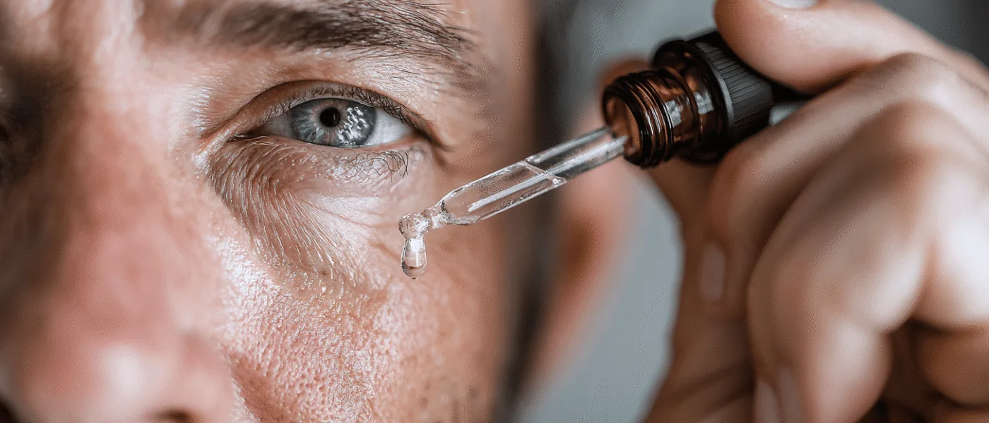 Midcent: En medelålders man använder en pipett för att applicera ansiktsolja nära ögat. Närbild fokuserar på hudvård och självvård för att främja frisk hud. Perfekt för den moderna hälsomedvetna individen. Kategori: Hälsa.