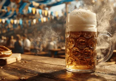 Midcent: Livlig Oktoberfest-sceneri med skummande ölkrus och saltkringla på träbord. Festlig atmosfär och gemenskap i bakgrunden ger känslan av tradition och glädje. Perfekt för en oförglömlig kulturell upplevelse. Kategori: Resa.