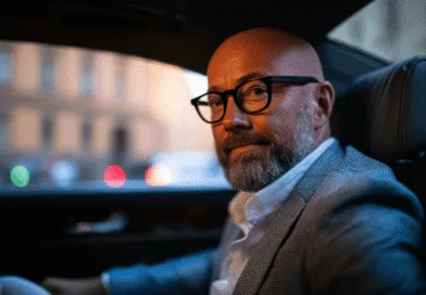Midcent: En medelålders man sitter i en bil, klädd i en stilig kavaj och glasögon. Bakgrunden visar suddiga stadsljus för en avslappnad atmosfär. Bilden utstrålar professionalism och lugn. Kategori: Samhälle.