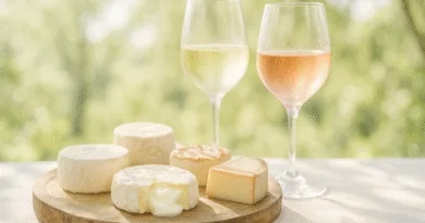 Midcent: Ostbricka på träbräda med mjuk, smält ost och vitt vin i glas mot suddig naturbakgrund. Perfekt för gastronomens picknick i solen. Avslappnad och smakfull atmosfär. Kategori: Mat.