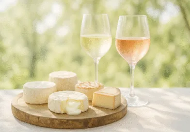 Midcent: Ostbricka på träbräda med mjuk, smält ost och vitt vin i glas mot suddig naturbakgrund. Perfekt för gastronomens picknick i solen. Avslappnad och smakfull atmosfär. Kategori: Mat.