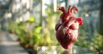 Midcent: Realistisk och detaljerad modell av ett mänskligt hjärta i en vetenskaplig miljö. Fokuserar på anatomi och belyser