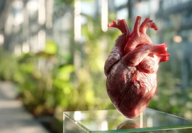 Midcent: Realistisk och detaljerad modell av ett mänskligt hjärta i en vetenskaplig miljö. Fokuserar på anatomi och belyser