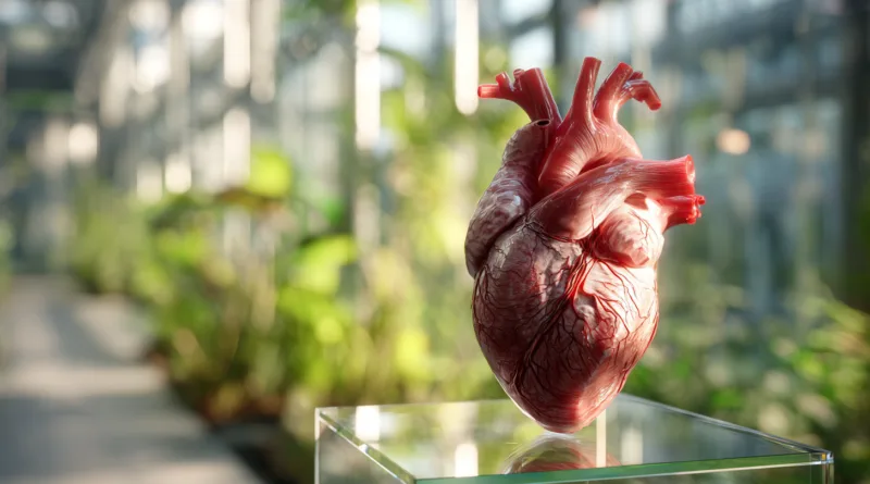 Midcent: Realistisk och detaljerad modell av ett mänskligt hjärta i en vetenskaplig miljö. Fokuserar på anatomi och belyser