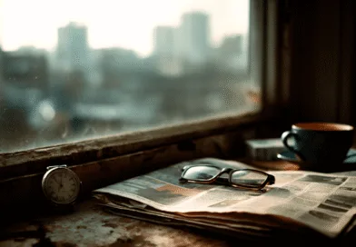 Midcent: En tidlös morgonscen med glasögon och en kaffekopp på ett bord bredvid en klocka och tidningar. Atmosfärisk stadsutsikt genom smutsigt fönster i morgonljus.Kategori: Underhållning.